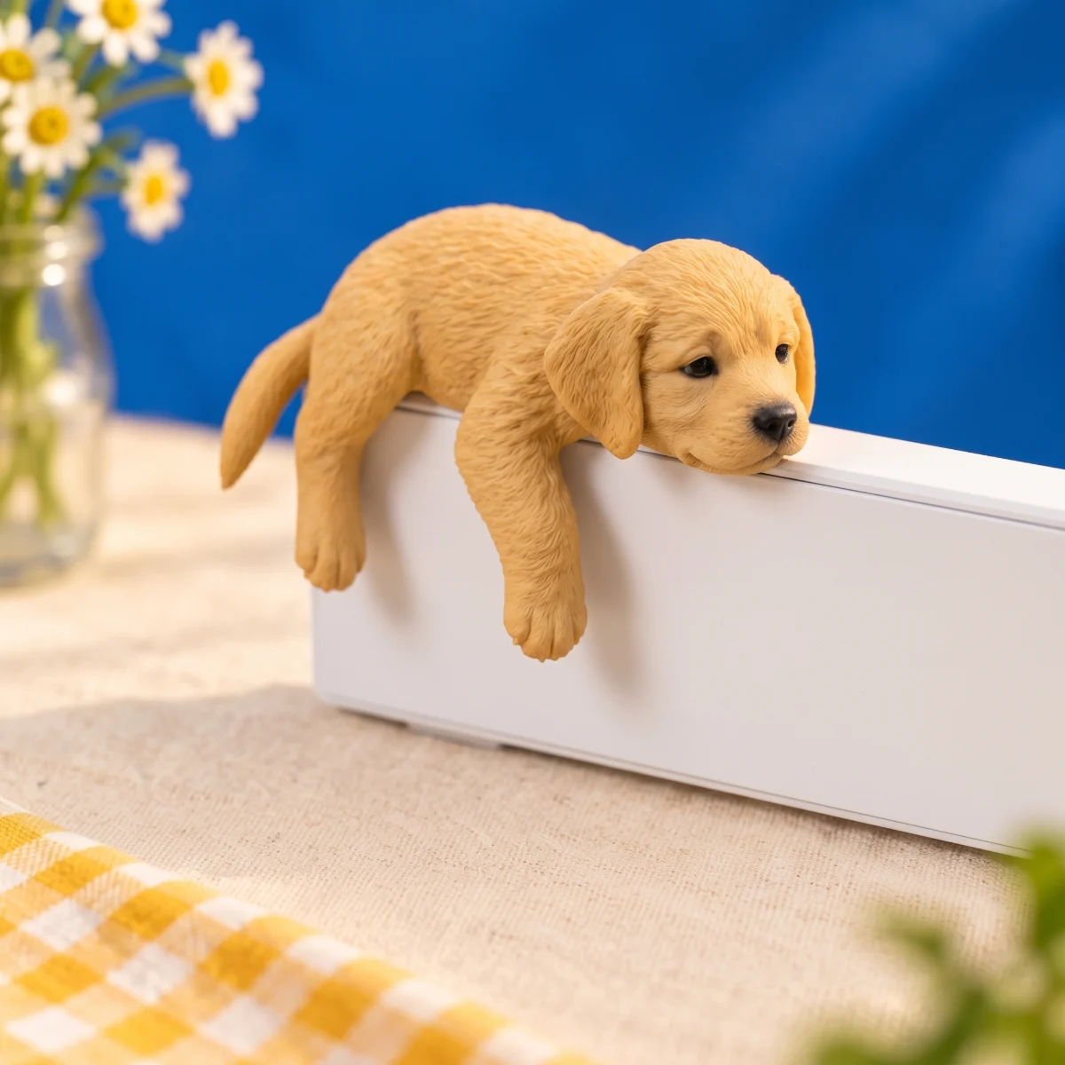 Figura de cachorro de golden retriever durmiendo en el borde de un monitor, con las patas y la cola colgando