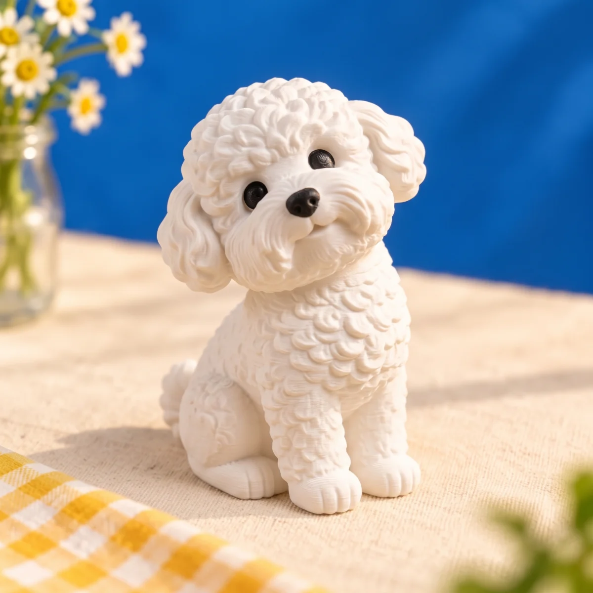 Figura de cachorrito blanco de pelo rizado, sentado, con la cabeza inclinada